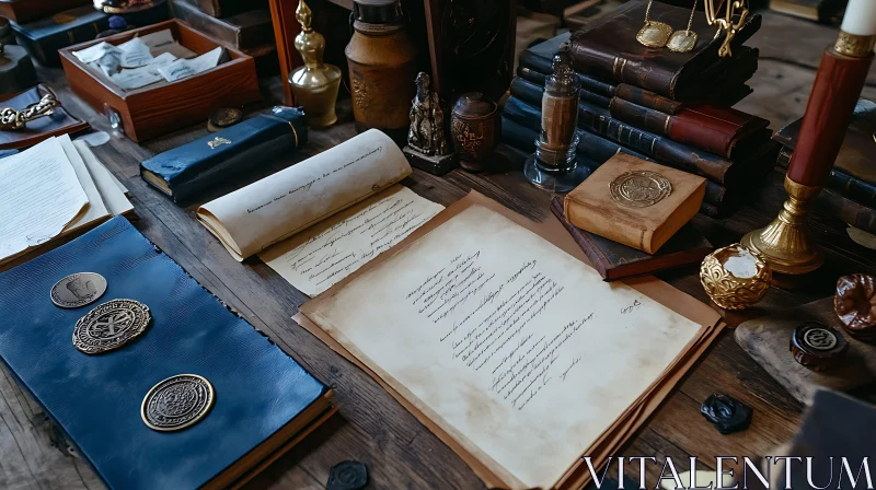 AI ART Old Books and Manuscripts on Desk