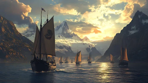 Tranquil Seascape with Sailboats and Mountains