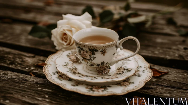 Delicate White Bone China Teacup with Floral Pattern and White Rose AI Image