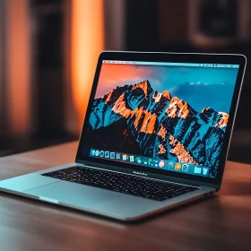 Laptop with Scenic Mountain Screen on Wooden Desk