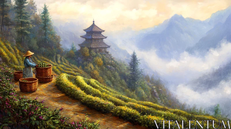 AI ART Terraced Tea Fields with Pagoda View