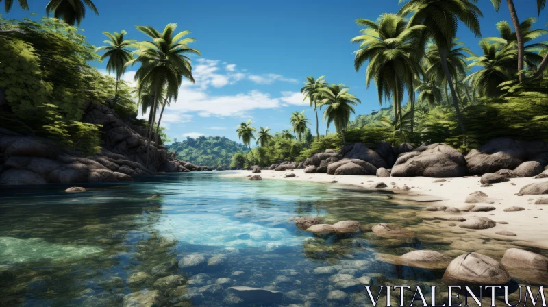 Exquisite Island Beach with Palm Trees - Unreal Engine Rendering AI Image