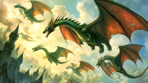 Dragons Over Castle: A Fantasy Scene