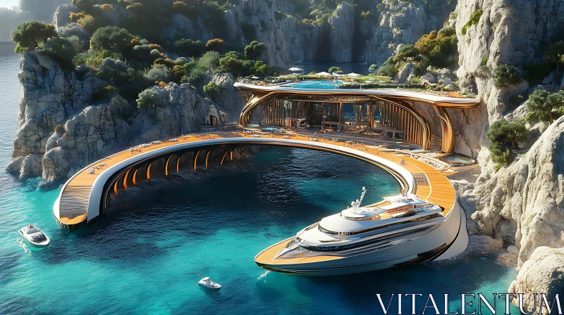 Futuristic Cliffside Retreat with Yacht and Modern Architecture AI Image