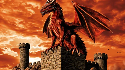 Majestic Red Dragon on Castle Wall - Digital Fantasy Art