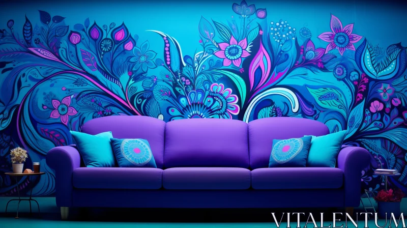 Purple Couch Against Bright, Floral Mural Wall - A Digital Art Piece AI Image