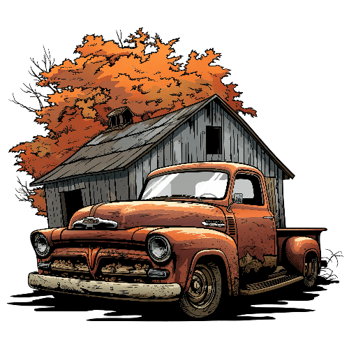 Rustic Orange Vintage Truck by a Barn - Rural Charm POD Design