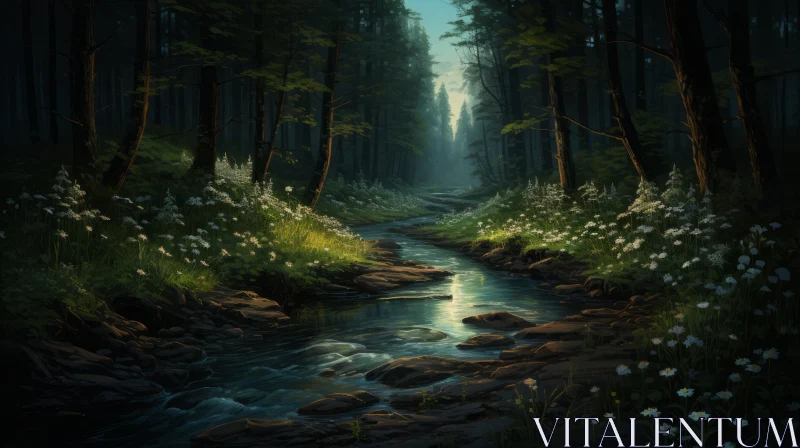 Serene Forest Stream Digital Illustration AI Image