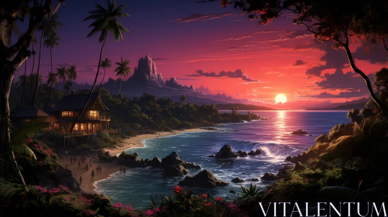 Tropical Island at Sunset: A Darkly Romantic Illustration in 8k Resolution AI Image