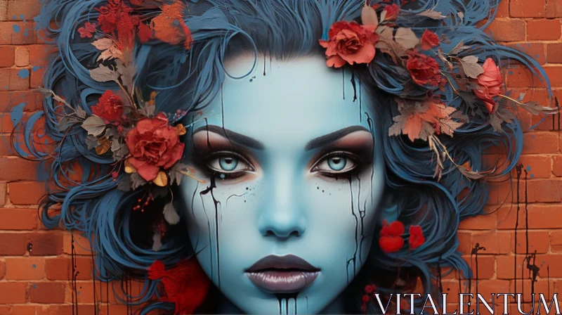Urban Decay Realism Art - Blue-Haired Woman with Red Flowers AI Image