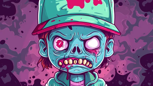 Zombie Boy in Green Cap and Pink Shirt Cartoon Illustration