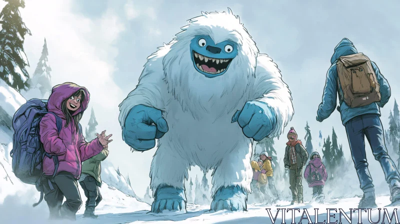 AI ART Snowy Mountain Adventure: Yeti and Hikers