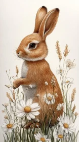 Illustration of a Rabbit in a Flower Field