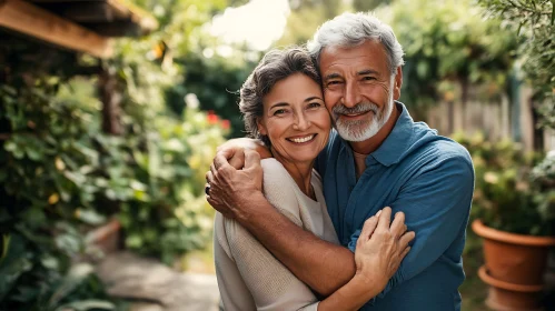 Elderly Couple Embracing in Garden