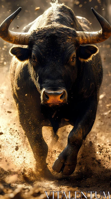 AI ART Charging Bull Amidst Dust