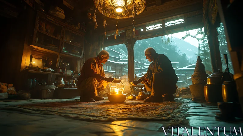 AI ART Monks Sharing Light in Snowy Mountains