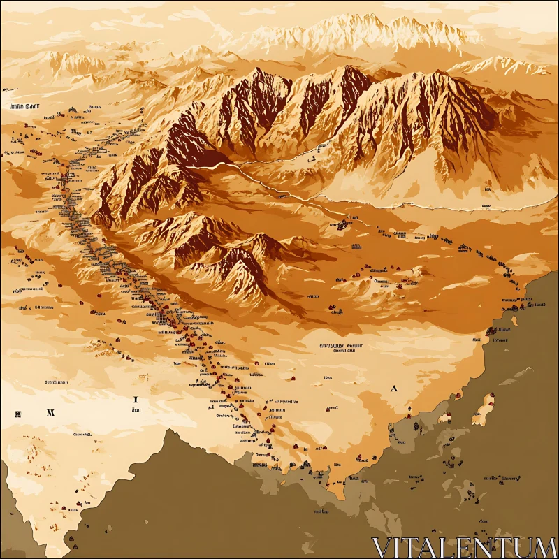 Sepia-Toned Mountainous Region Map AI Image