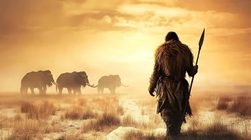 Prehistoric Hunter with Spear and Mammoths