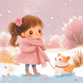 Charming Winter Scene with Girl and Dog