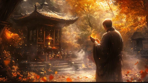 Serene Monk in Autumn Landscape