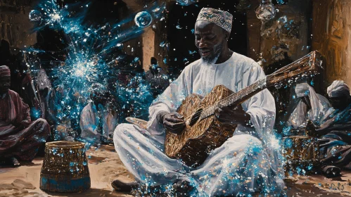 Man Playing Guitar with Sparkling Accents