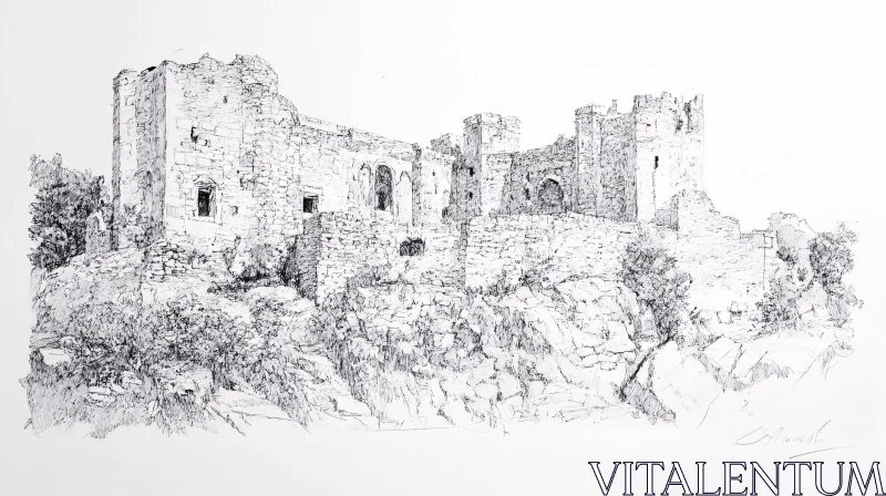 AI ART Old Castle Sketch on Rocky Hill