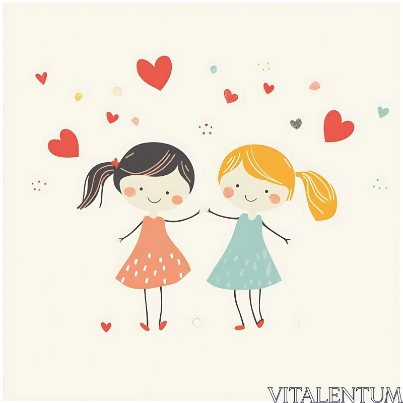 AI ART Cartoon Girls Holding Hands with Hearts