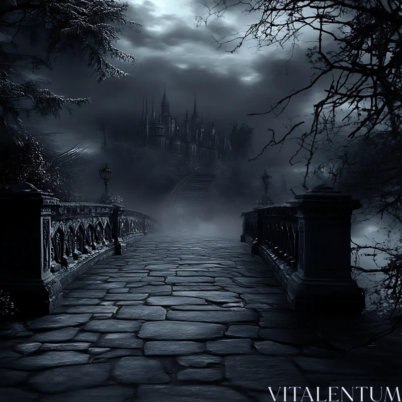 Monochrome Gothic Castle and Bridge AI Image