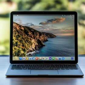 Laptop with Scenic Coastal Landscape