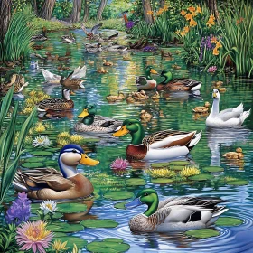 Vibrant Pond Scene with Swimming Ducks