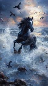 Horse in Ocean at Sunset