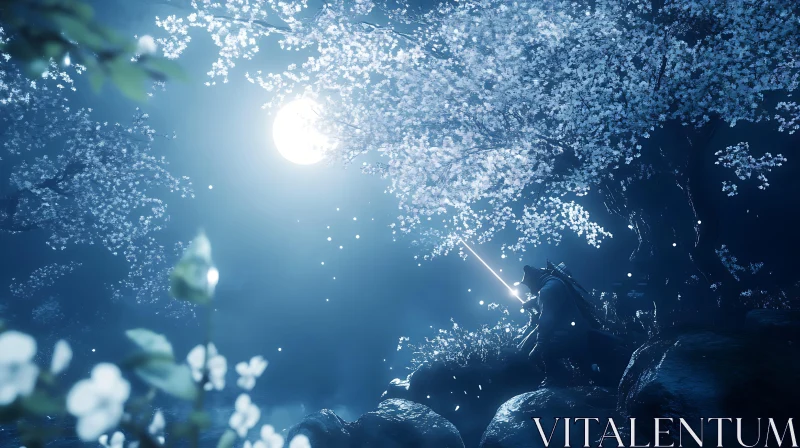 Night Scene with Figure and Blossoms AI Image