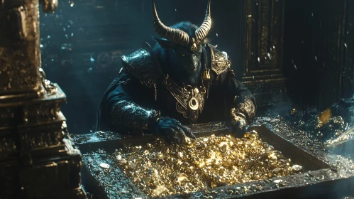 Horned creature with golden hoard