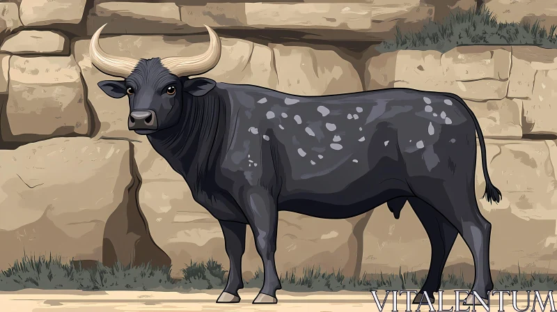 Illustration of a Bull by Stone Wall AI Image