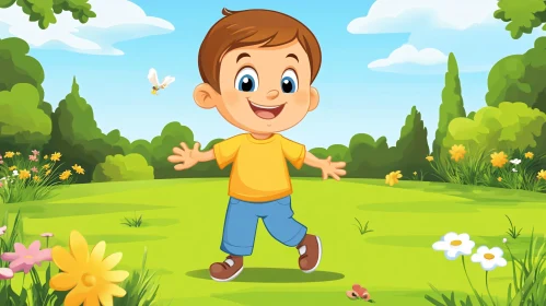 Cartoon Boy Playing Outdoors