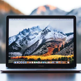 Snowy Mountain Peaks on Laptop Screen with Autumn Trees