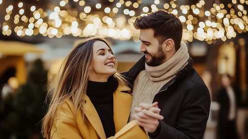 Smiling Couple Under Bokeh Lights