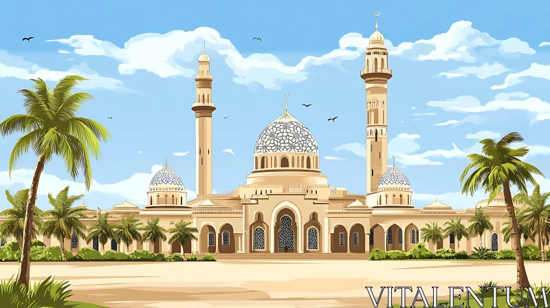 Islamic Mosque with Palm Trees AI Image