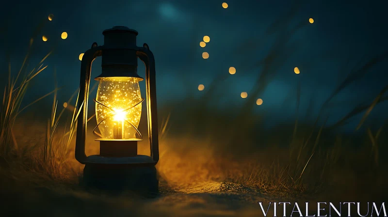 Glowing Lantern in Tall Grass at Night AI Image