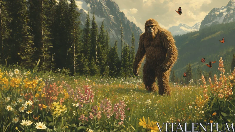 AI ART Bigfoot Roaming Wildflower Field