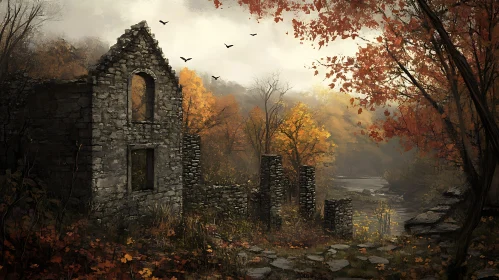 Stone Ruins in Autumn Forest