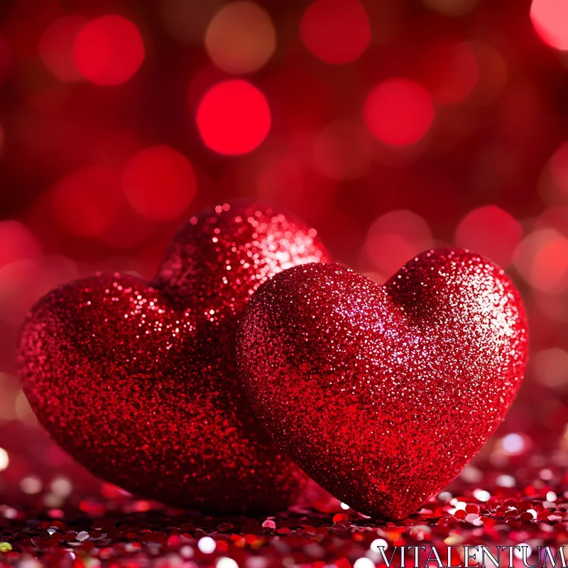 Glittering Red Hearts on Red Bokeh Background AI Image