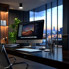 Contemporary Office Desk with Large Windows and Sunset View