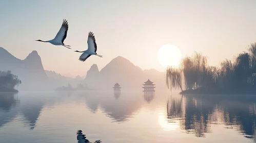 Serene Lake with Cranes in Flight