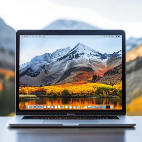 Laptop Displaying Mountain Scenic Wallpaper