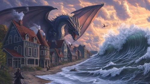 Coastal Dragon and Wave Illustration