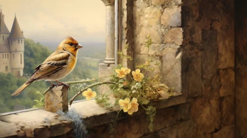 Bird and Flowers by Stone Window