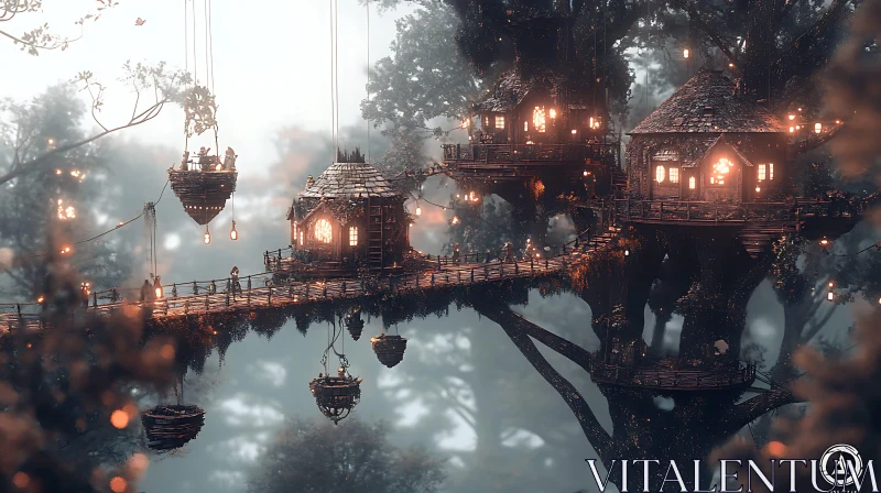 Magical Treehouse Community in the Forest AI Image