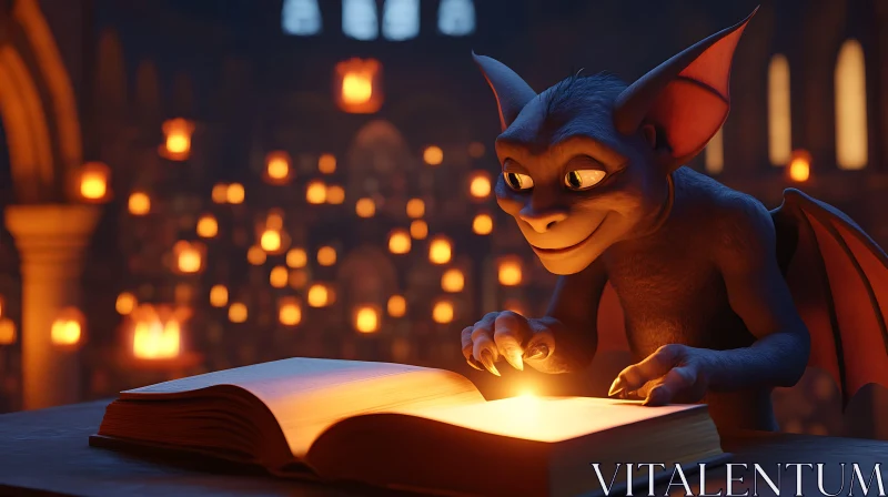 AI ART Whimsical Gargoyle with Glowing Book