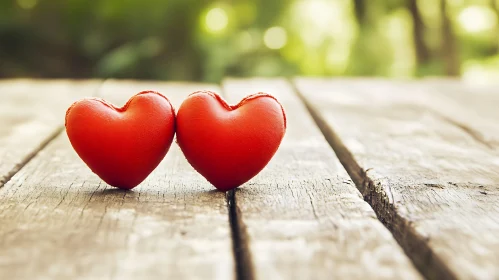 Two Hearts on Wooden Table